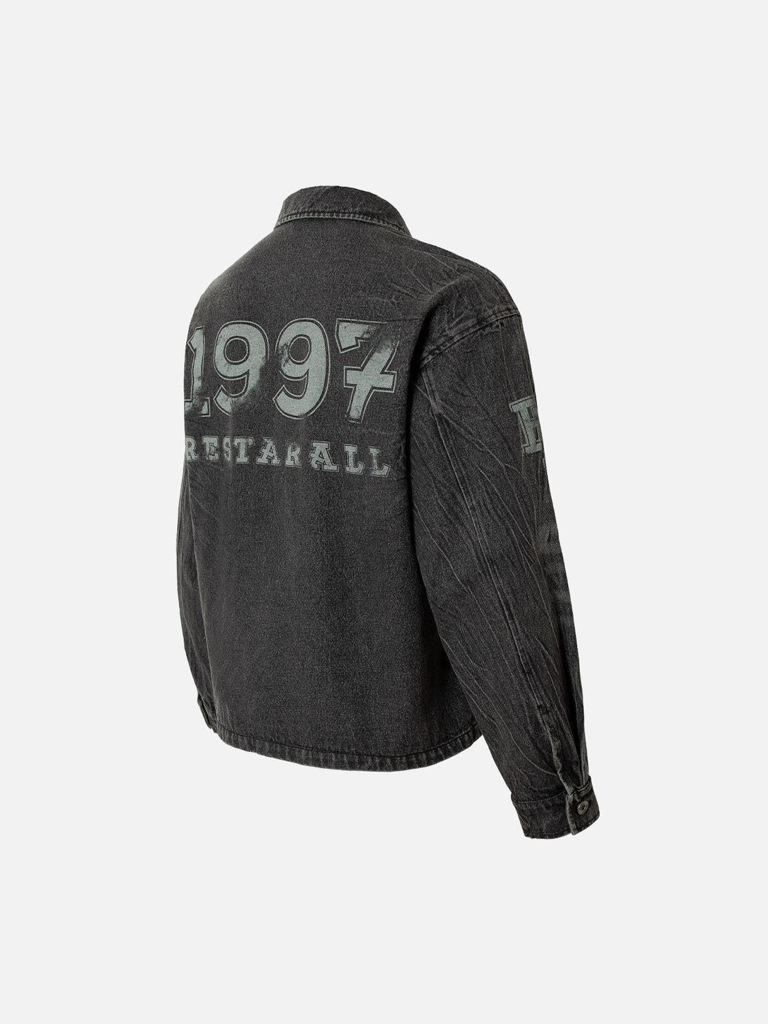 Rear view of TALISHKO denim jacket showing "1997" embroidery, adding a retro touch to streetwear.