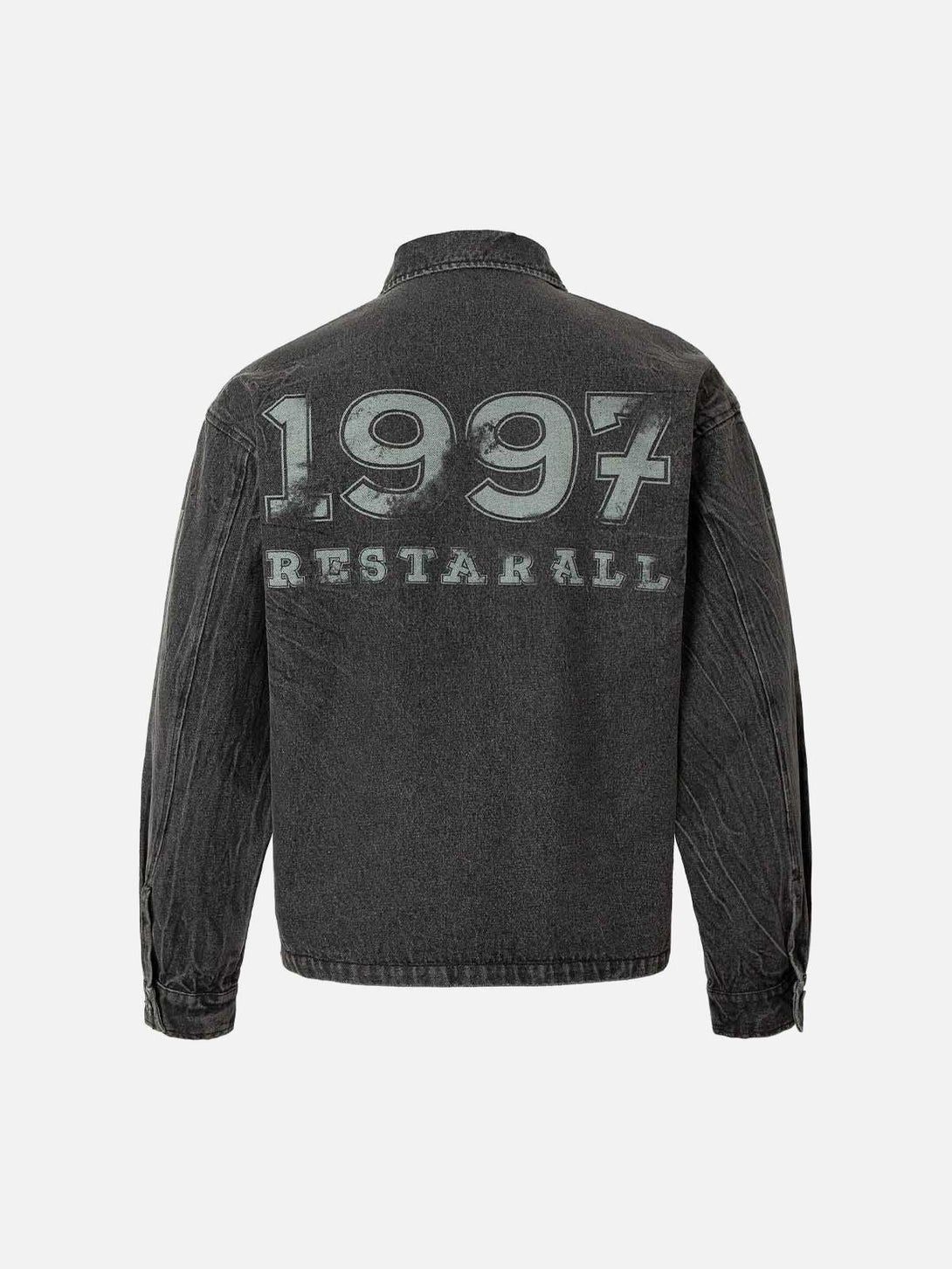 Back view of TALISHKO denim jacket with bold "1997" embroidery for a vintage street vibe.