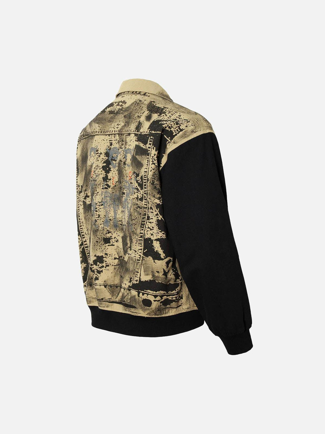 Back view of TALISHKO's jacket showcasing patchwork graffiti and badge details.