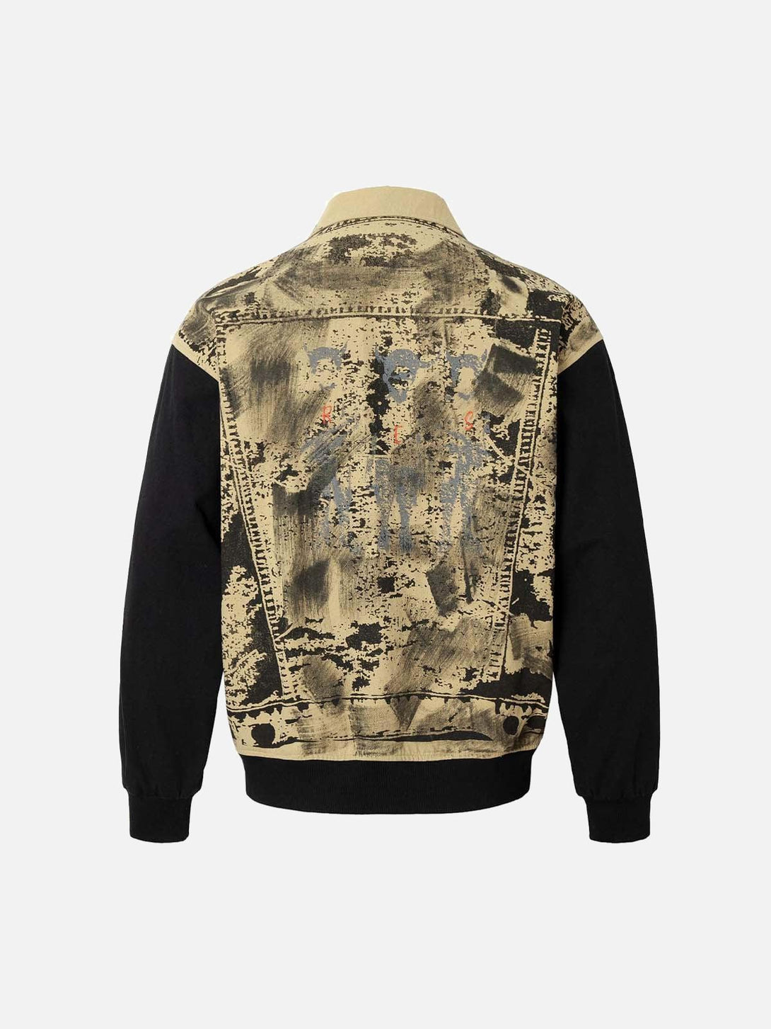 Back view of TALISHKO's patchwork graffiti jacket with distinctive badge accents.