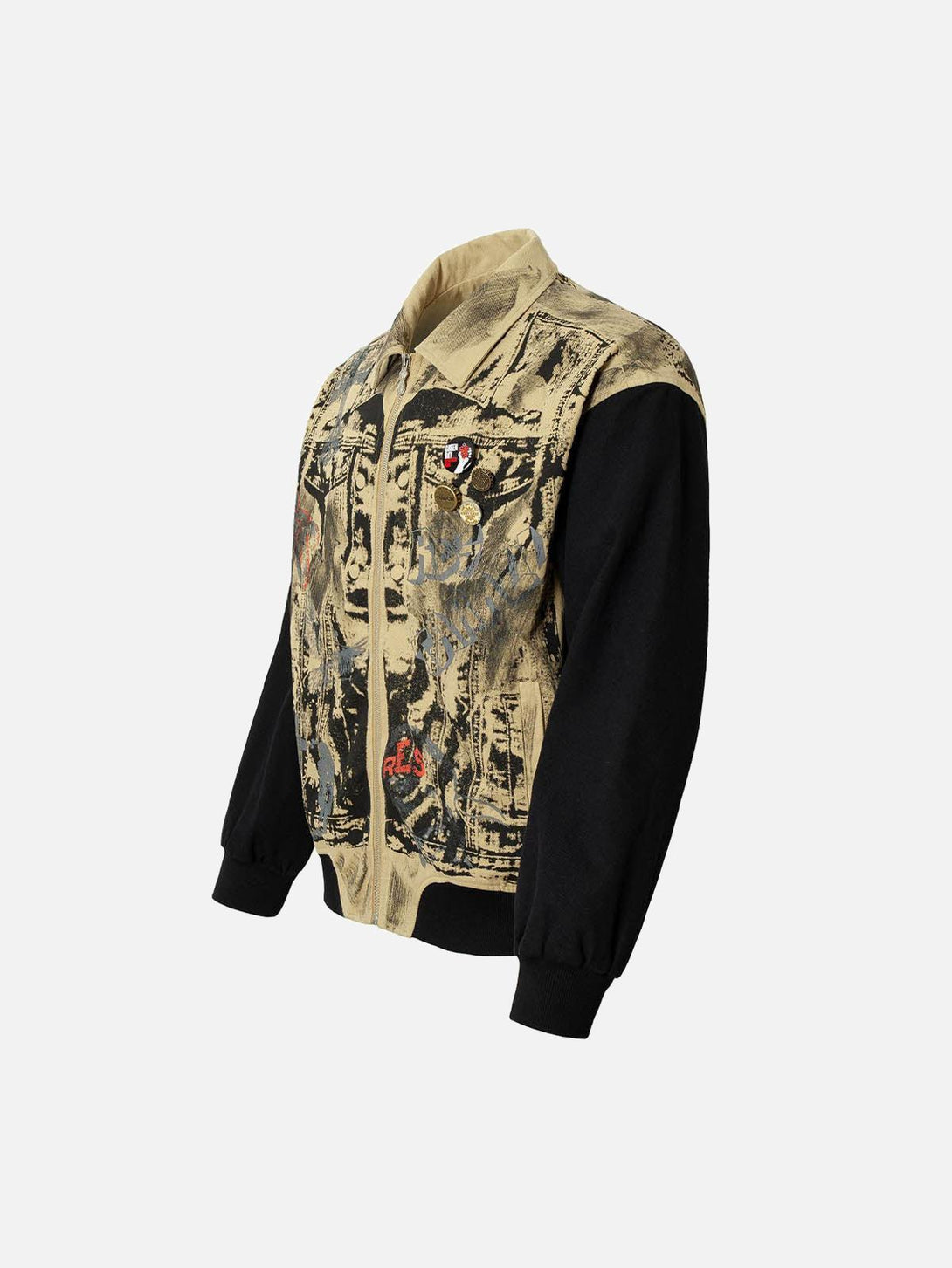 A side view of the TALISHKO patchwork graffiti jacket highlighting its unique badge detailing.