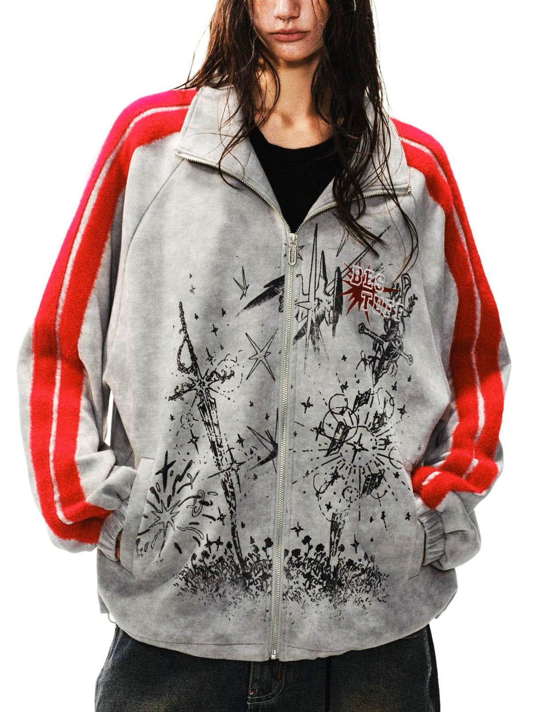 TALISHKO's graffiti-inspired zip-up jacket with red stripes, modeled for a streetwear look.