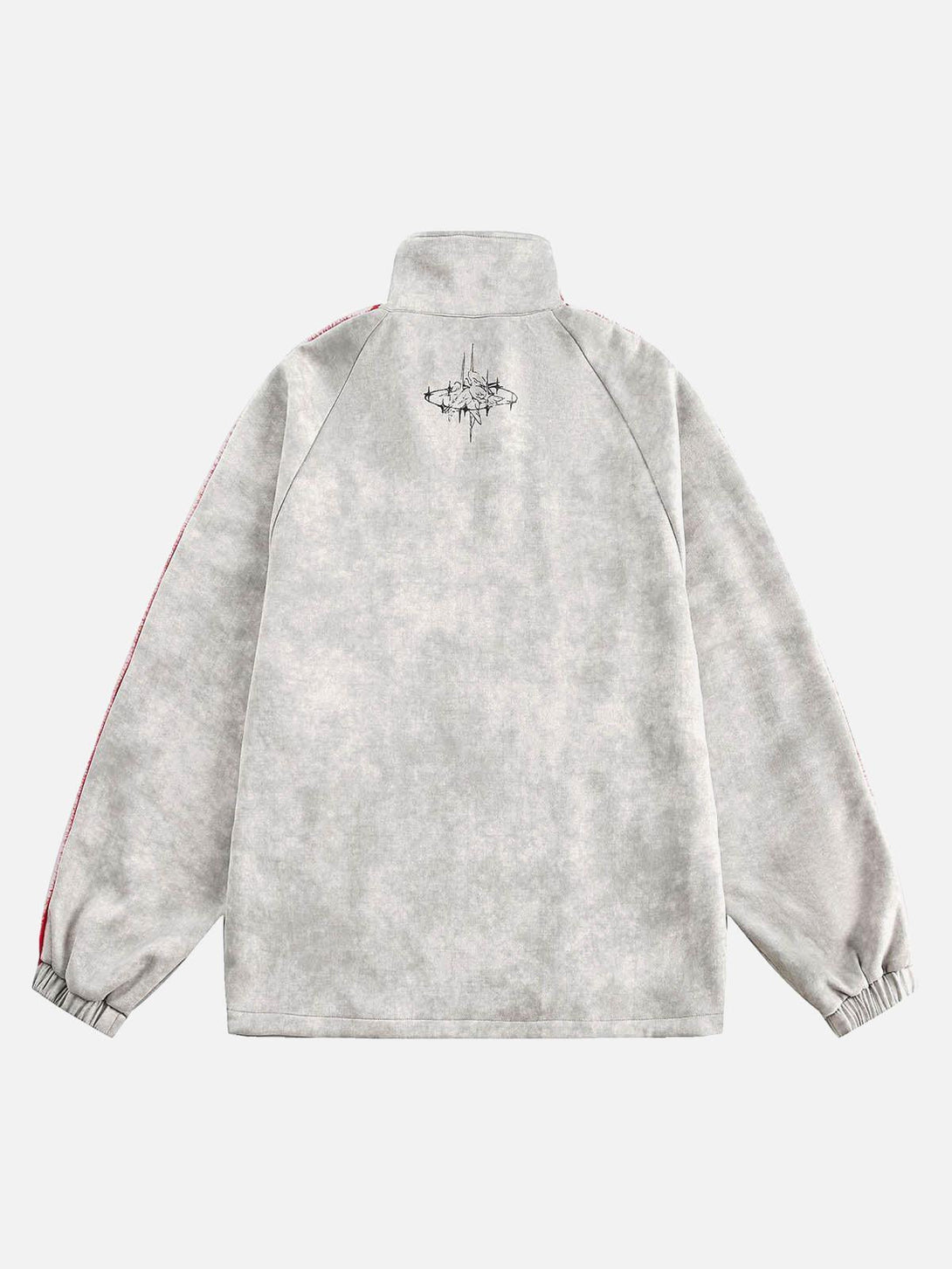 Back view of TALISHKO's gray zip-up jacket featuring a unique graffiti-inspired design.