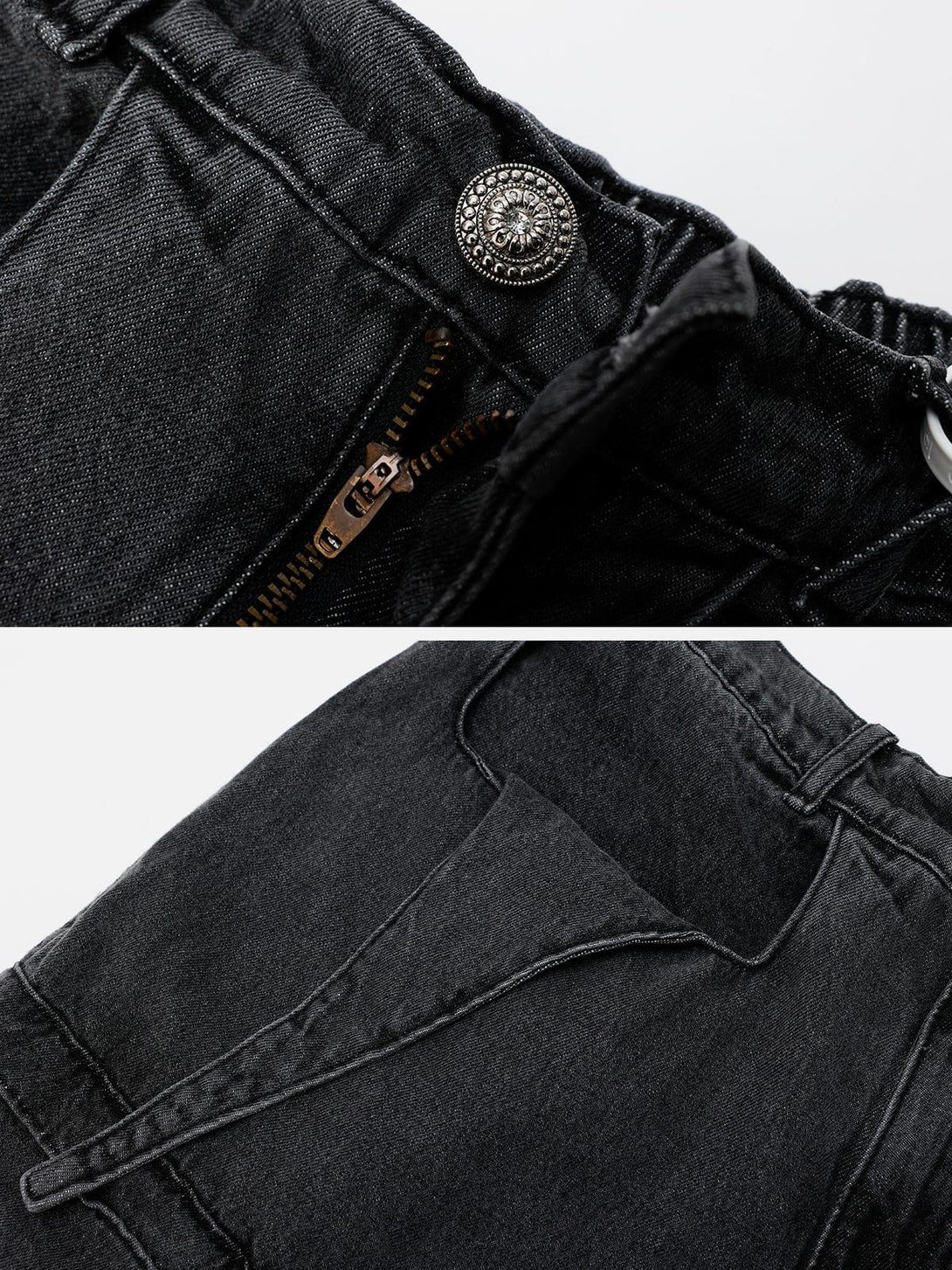 Detailed view of TALISHKO's washed black wide-leg jeans, highlighting the button and pocket design.