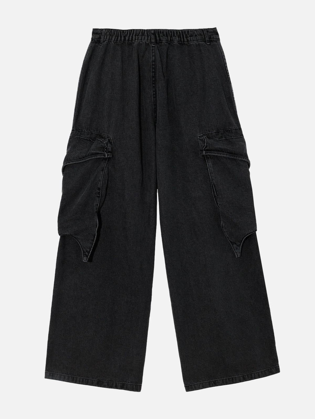 Wide-leg jeans by TALISHKO, showcasing a washed black texture and large cargo pockets.