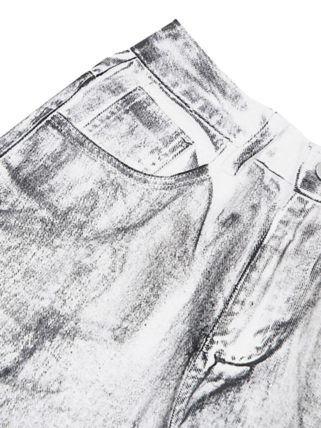 Detailed fabric and stitching of TALISHKO's dirty white loose jeans, emphasizing niche design.