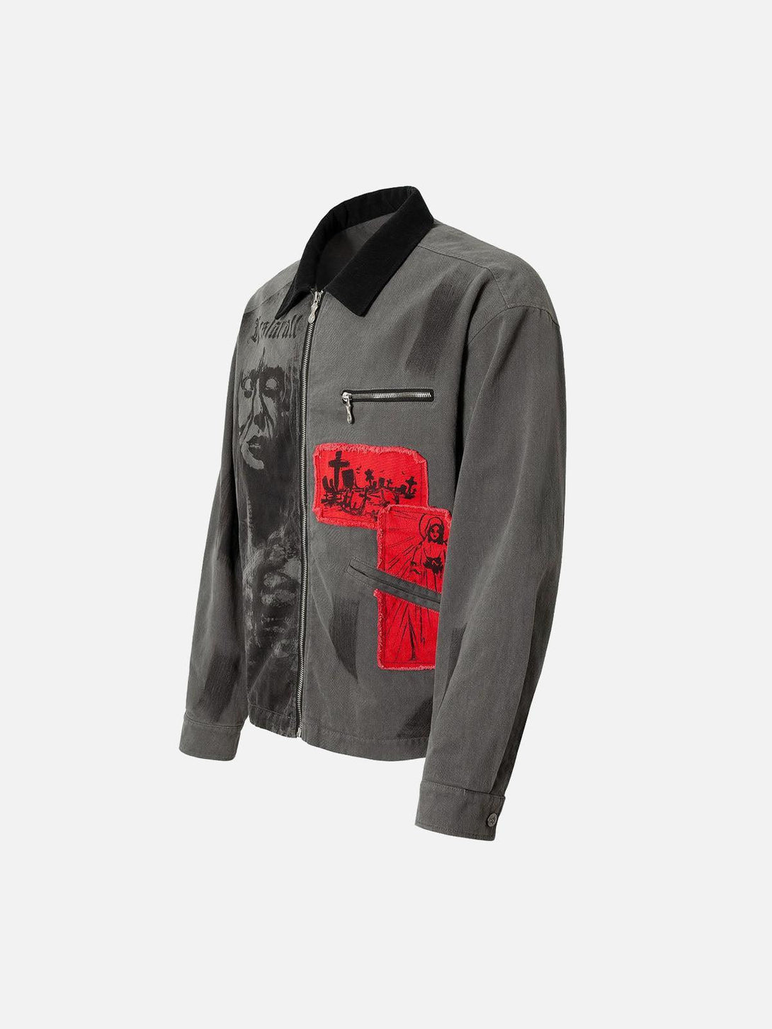 Side view of TALISHKO's barn jacket showcasing unique portrait prints and striking red patches.