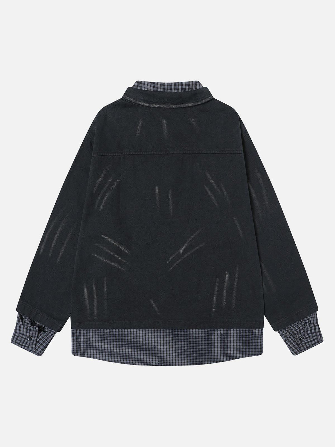A back view of TALISHKO's retro washed faux two-piece shirt, showcasing plaid accents.