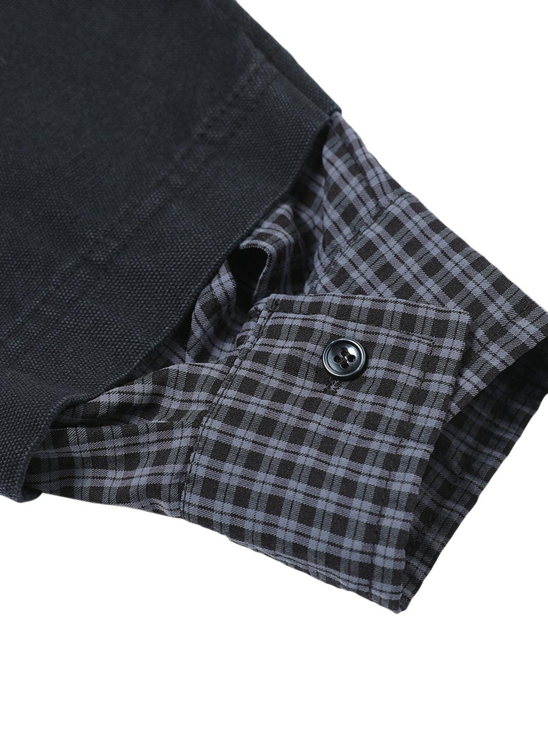 Plaid cuff detail of TALISHKO's retro washed faux two-piece shirt, highlighting texture.