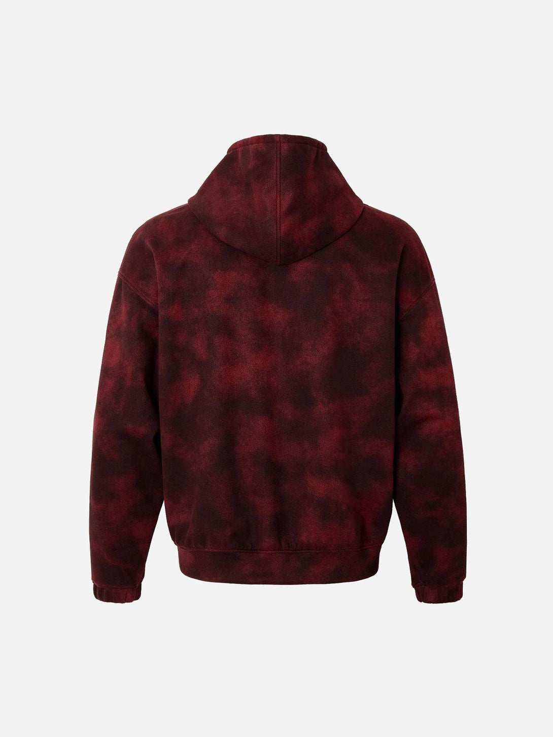 Back view of TALISHKO's tie-dye zipper jacket, featuring a rich, dark red pattern.