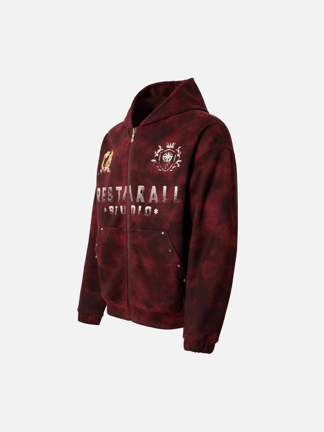 A side view of the TALISHKO red tie-dye zipper jacket, showcasing its unique graphic details.