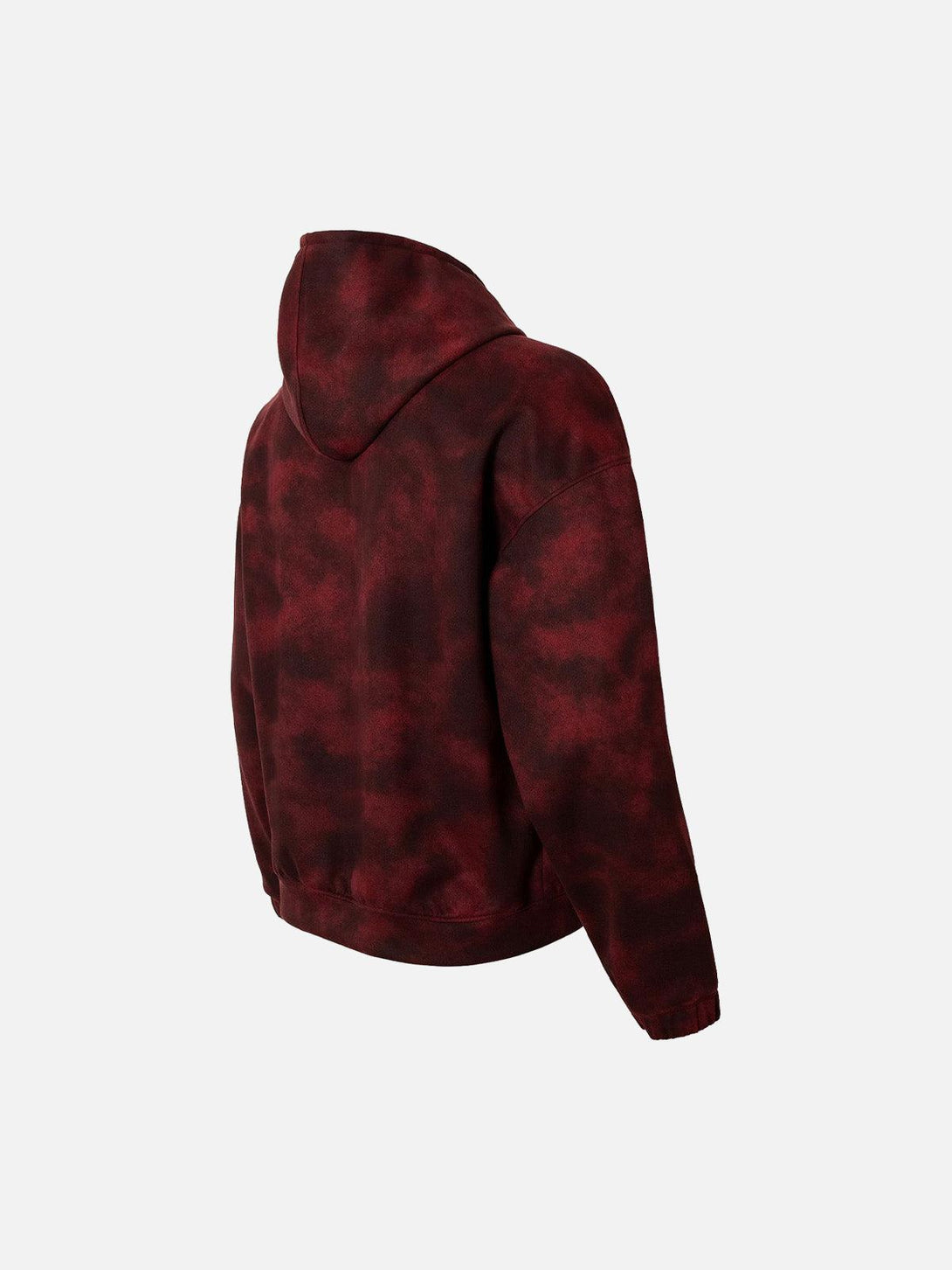 Back view of TALISHKO's red tie-dye zipper jacket, highlighting its bold and vibrant pattern.