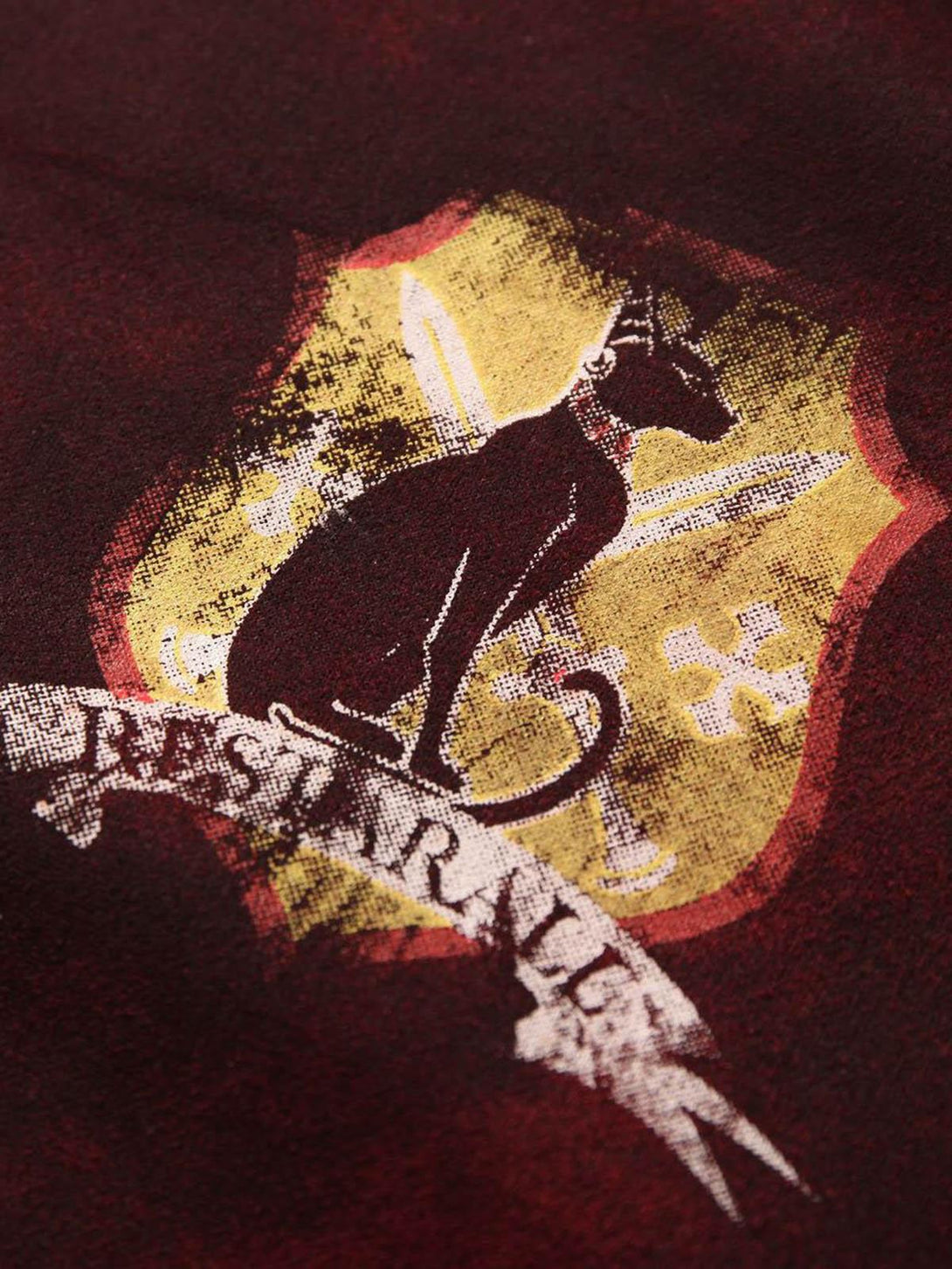 A tight crop highlighting TALISHKO's jacket graphic, featuring a bold cat design on red fabric.
