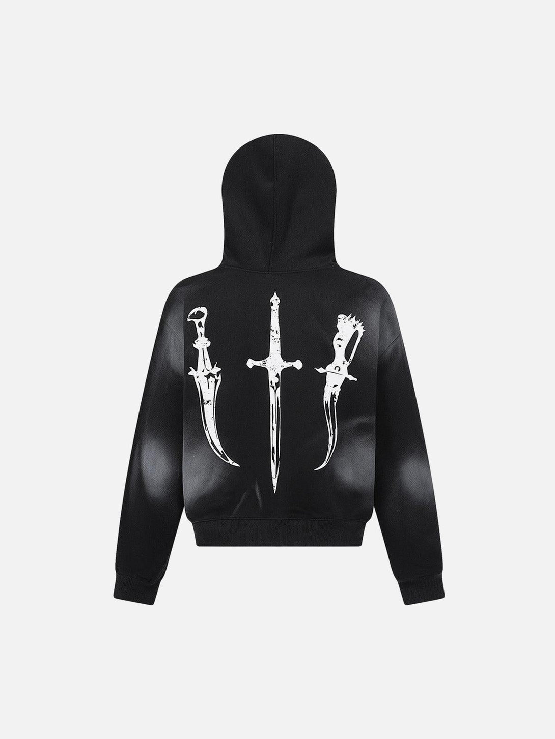 Back view of black hoodie with bold sword graphics, designed by TALISHKO.
