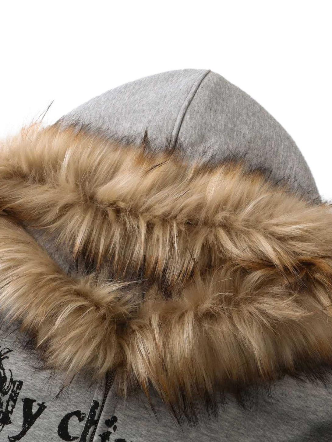 Focusing on the faux fur trim detail of the gray Wasteland zip-up cardigan by TALISHKO.