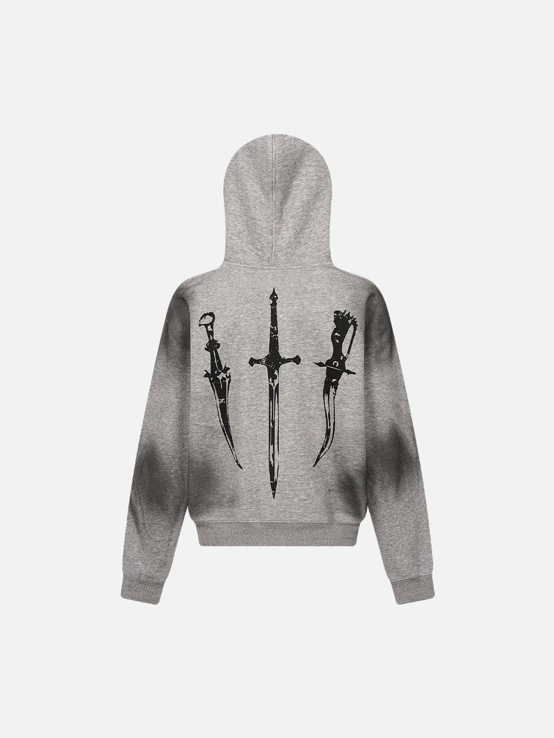 Back view of gray hooded Wasteland cardigan with striking sword graphics by TALISHKO.