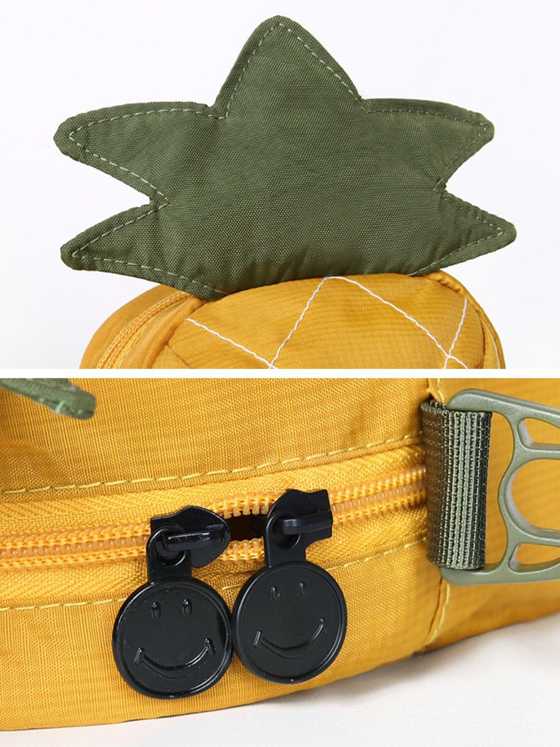 A close-up of the TALISHKO bag's playful pineapple design with smiley zippers and green leaf detail.