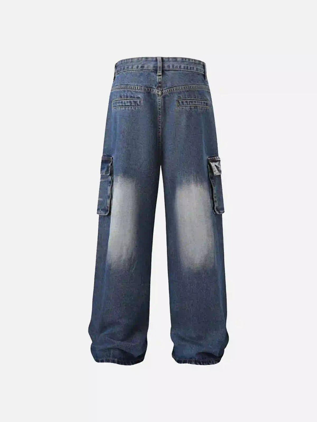 Back view of TALISHKO cargo jeans showcasing a water ripple effect and multiple pockets.