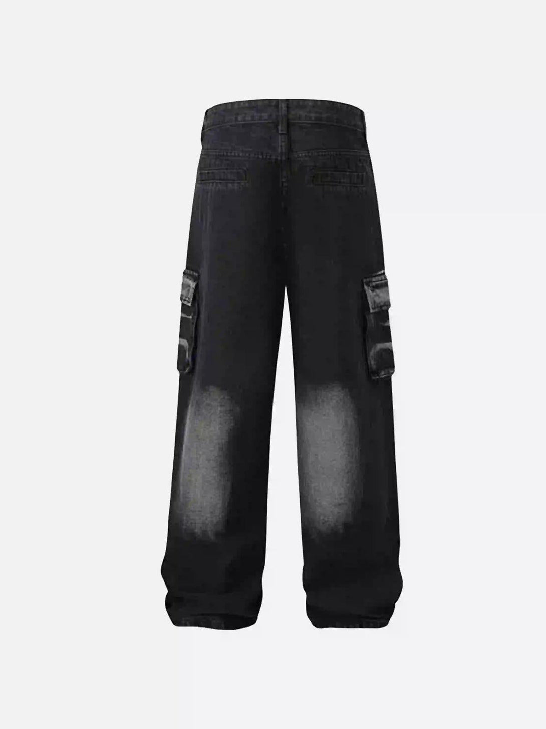 Back view of TALISHKO water ripple cargo jeans highlighting the multi-pocket design for versatility.
