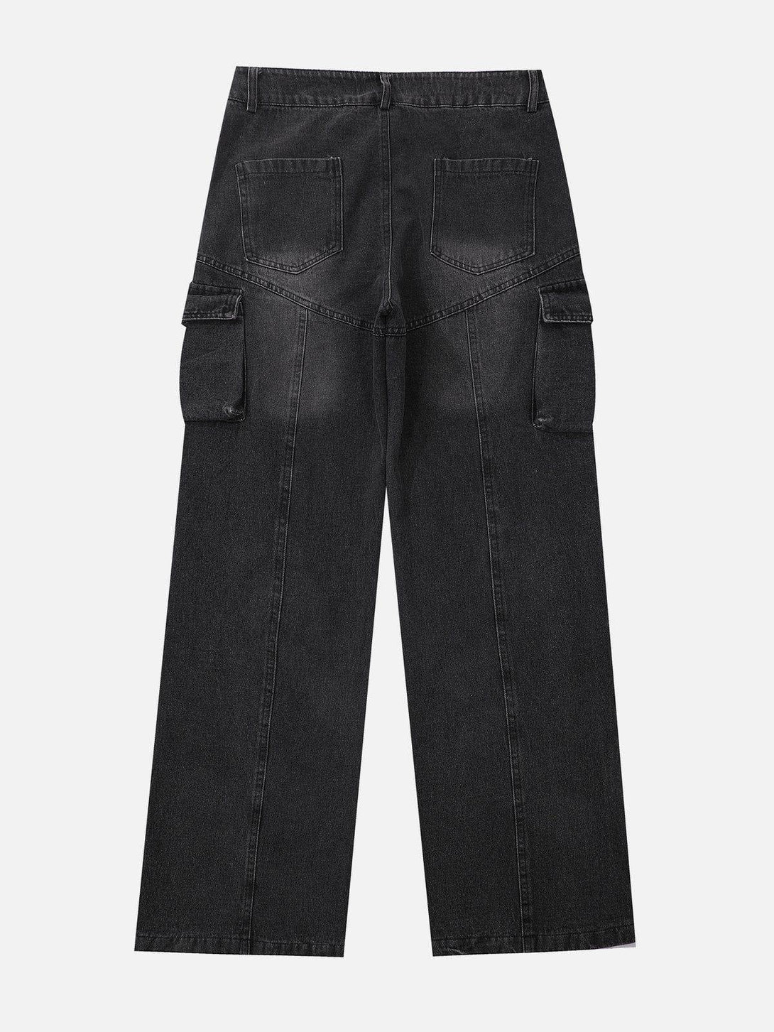 Back view of black water-washed splicing jeans by TALISHKO, highlighting cargo pocket design.
