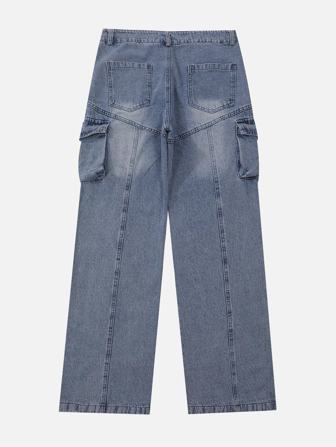 Back view of TALISHKO water-washed splicing jeans showcasing cargo pockets and unique stitching.