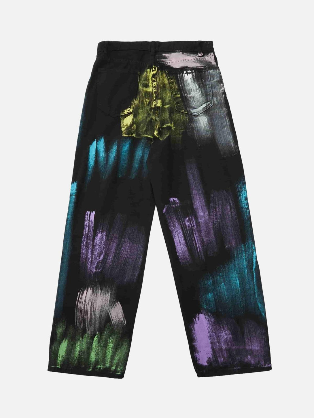Back view of TALISHKO watercolor print jeans with vibrant artistic brushstrokes.
