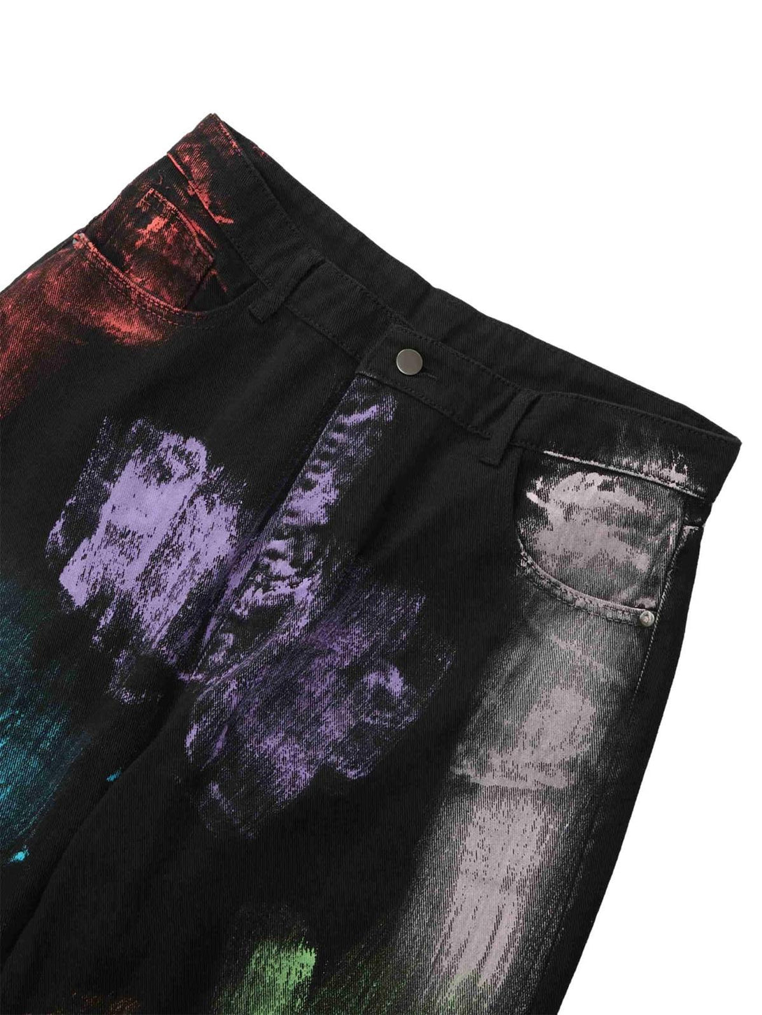 A creative glimpse of TALISHKO watercolor print jeans, highlighting vibrant artistic patterns.