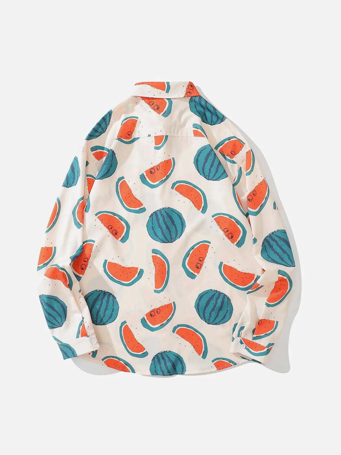 Back view of a playful watermelon print long-sleeved shirt by TALISHKO, showcasing fun style.