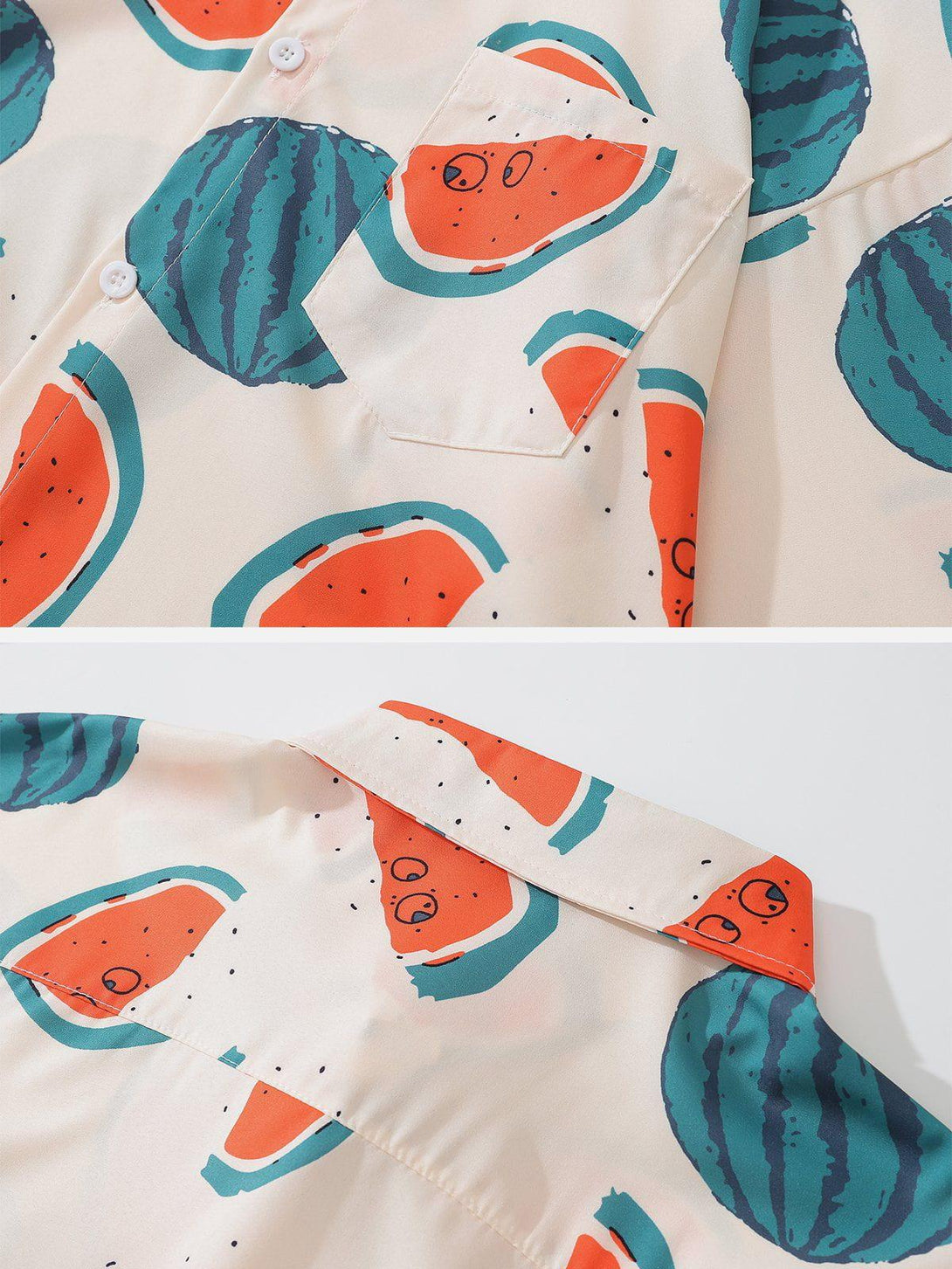 A close-up of TALISHKO's watermelon print shirt highlighting vibrant colors and playful design.