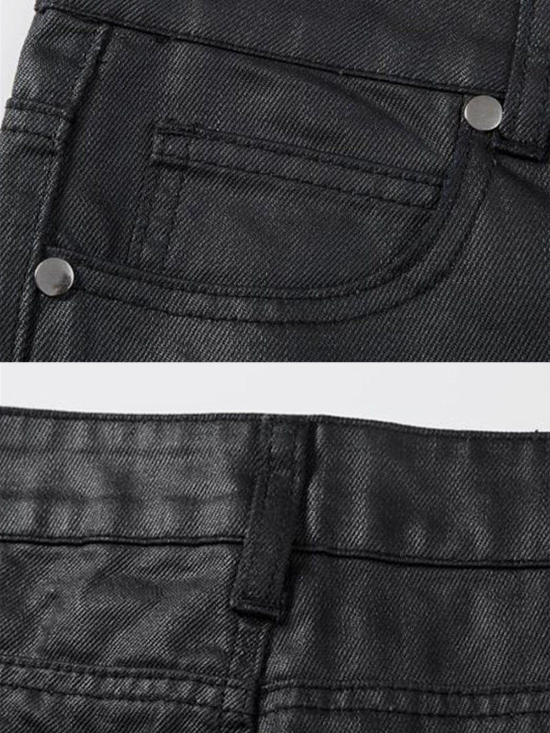 Intricate look at black waxed slim pants by TALISHKO, highlighting pocket and stitching detail.