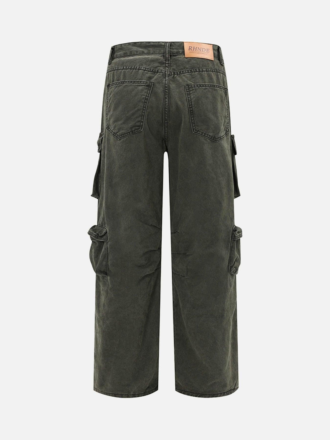 Back view of dark green baggy denim overalls by TALISHKO, showcasing utility pockets.