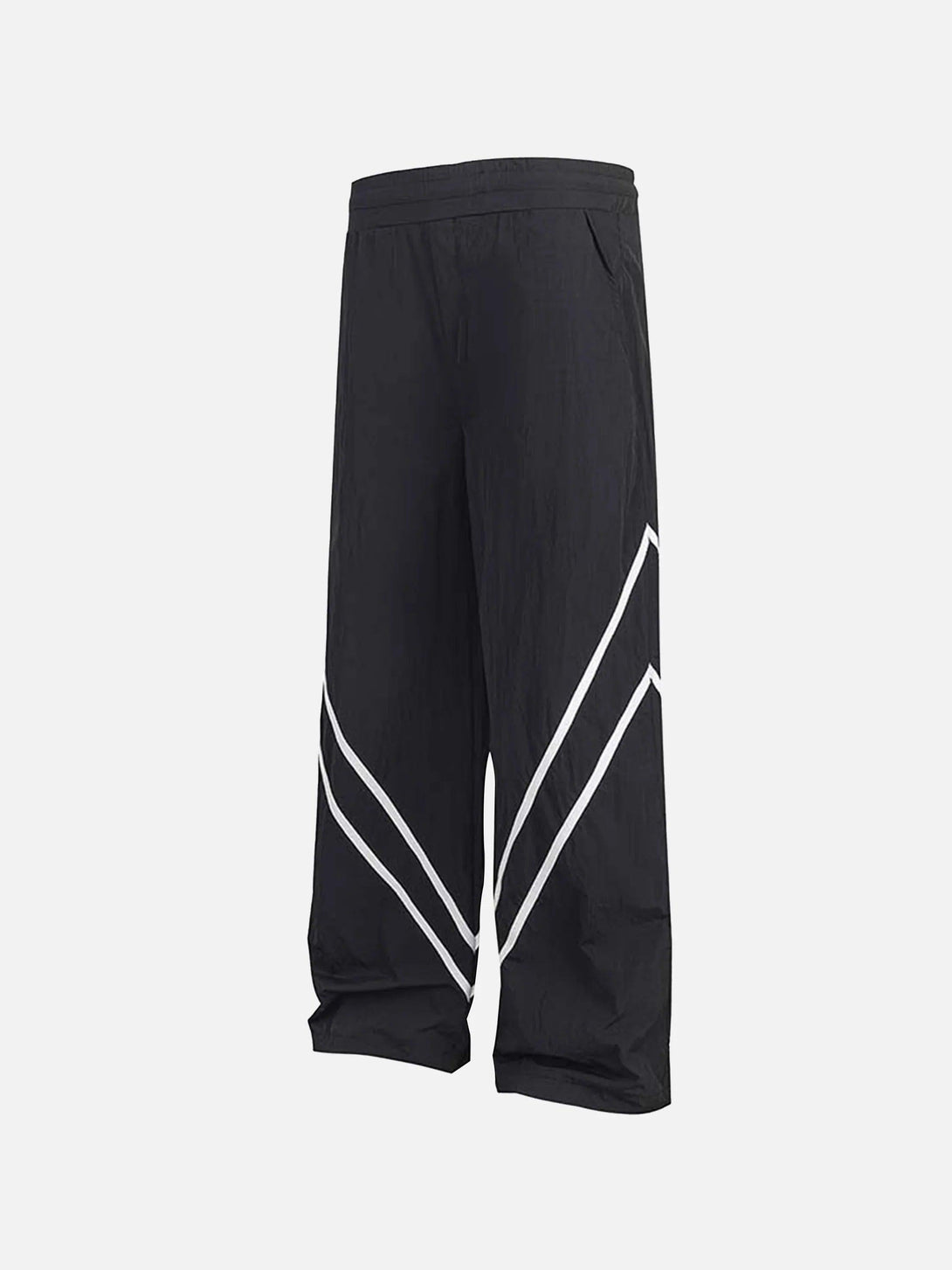 Wide-leg black sweatpants by TALISHKO with white chevron detailing, side view.