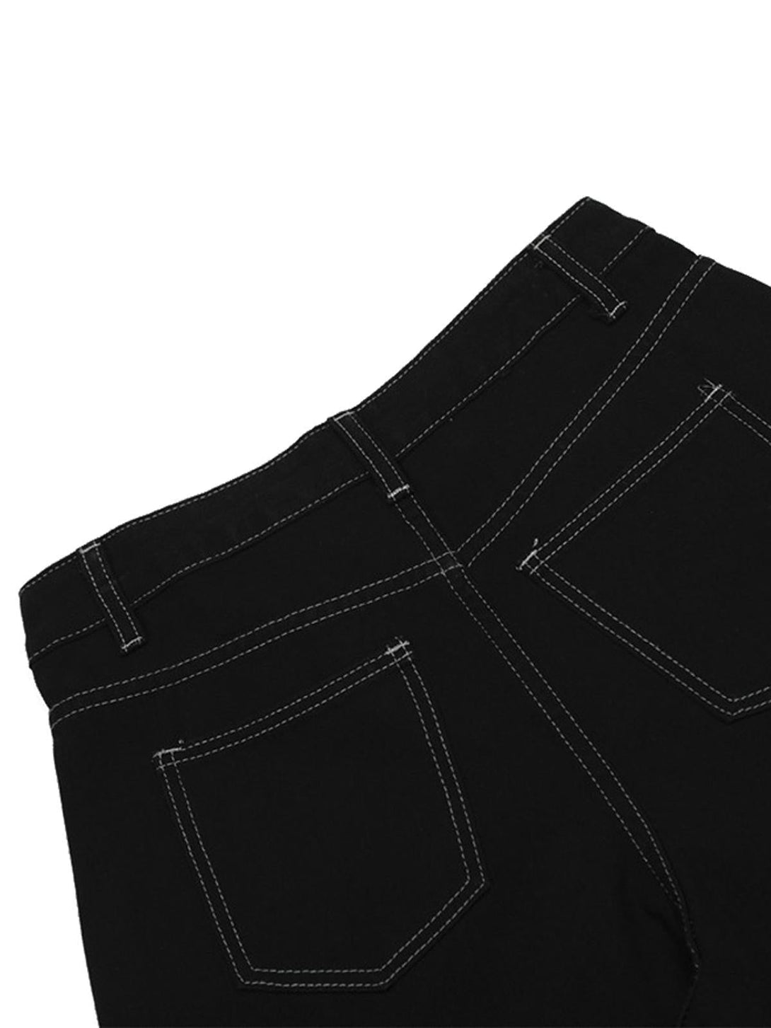 Back view of black cargo jorts with welt embellishments by TALISHKO, highlighting stitching detail.