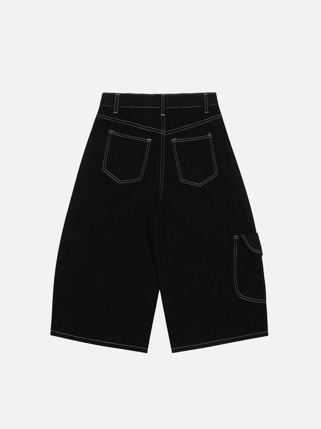 Back view of black cargo jorts by TALISHKO, showcasing welt embellishments and stitching.