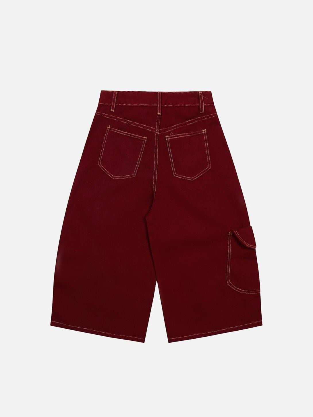 Back view of red cargo jorts by TALISHKO, featuring welt embellishments and utility pockets.