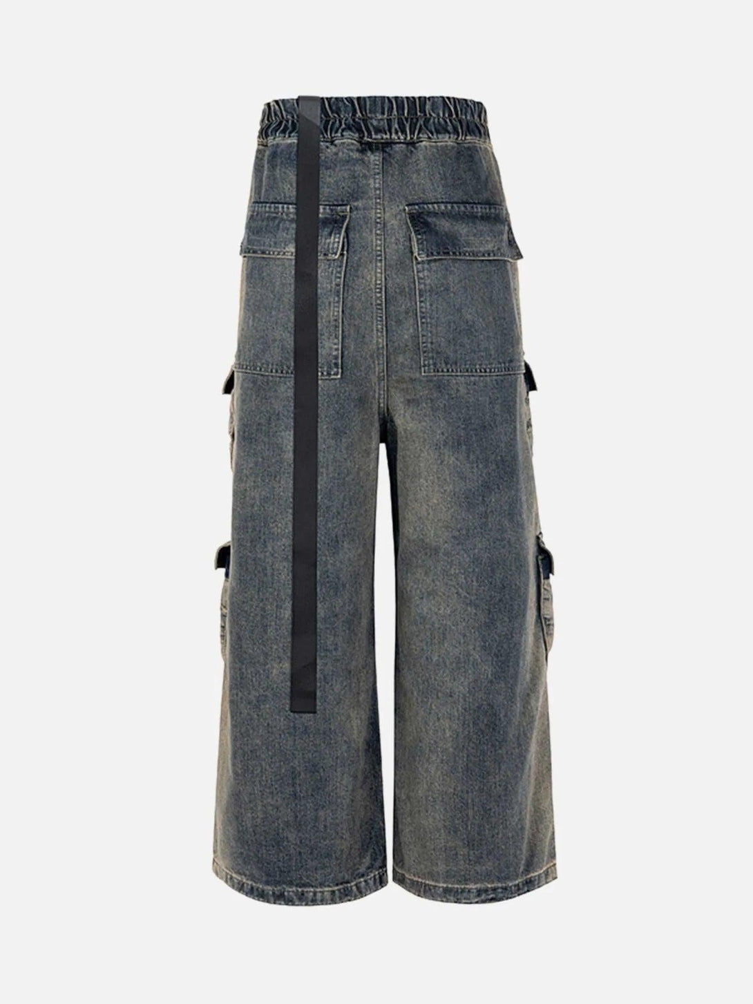 Back view of TALISHKO wide-leg jeans featuring multiple pockets and a relaxed fit.