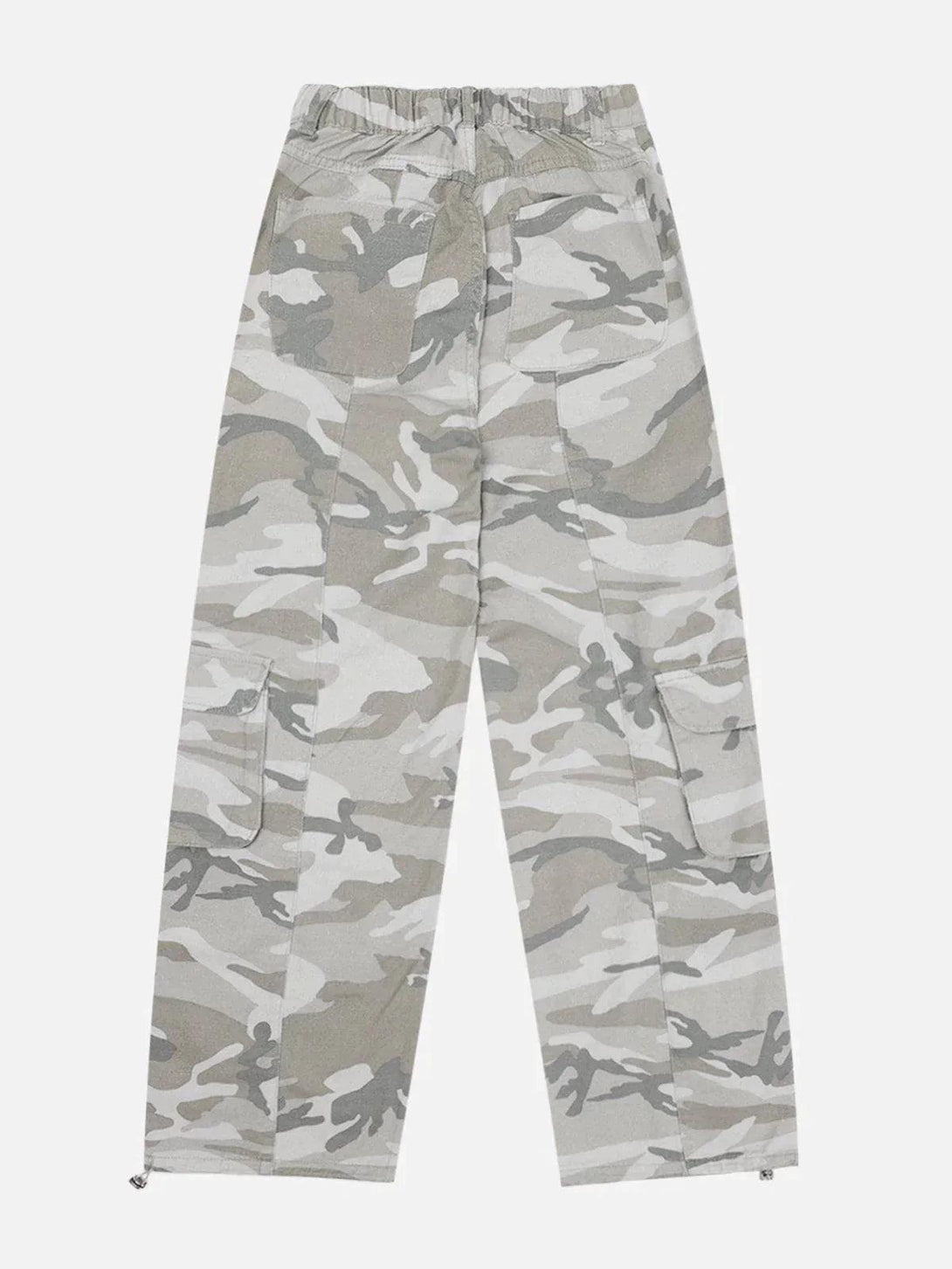 Back view of TALISHKO wide-leg straight-leg cargo pants in gray camouflage with pocket details.
