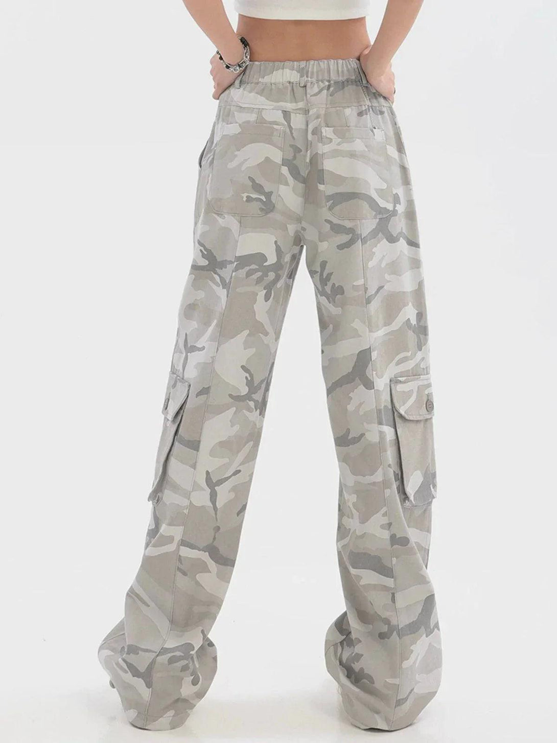 Back view of TALISHKO wide-leg cargo pants featuring a stylish camouflage pattern.