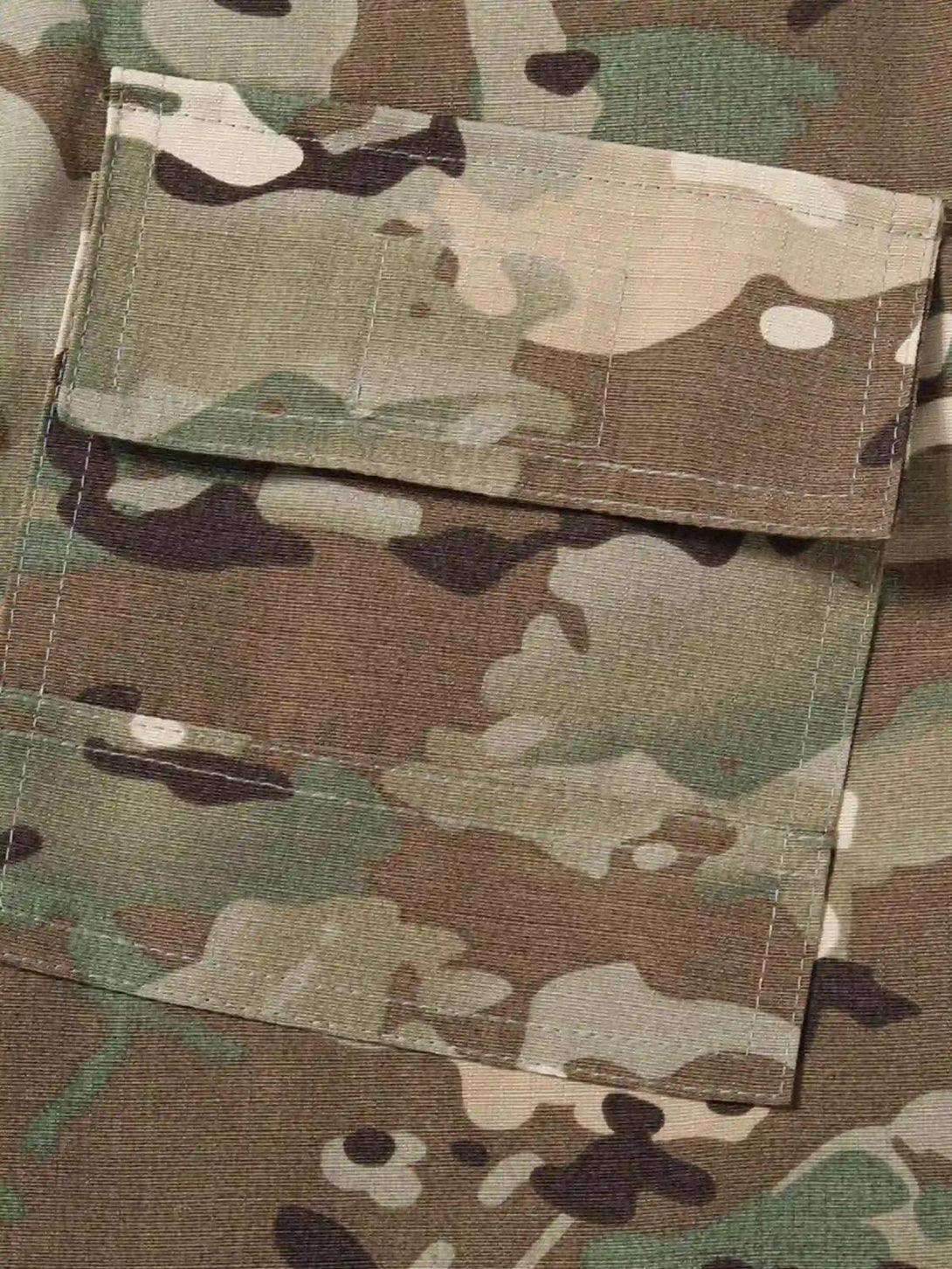 Detailed view of TALISHKO camouflage pants pocket, showcasing rugged workwear style.