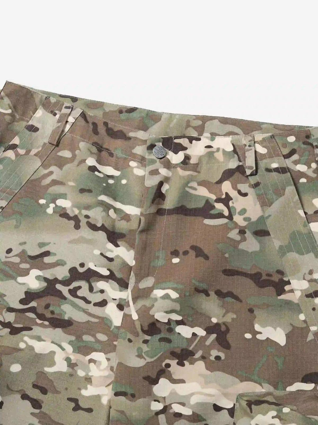 Zoomed-in texture of TALISHKO camouflage pants, highlighting intricate design and workwear style.