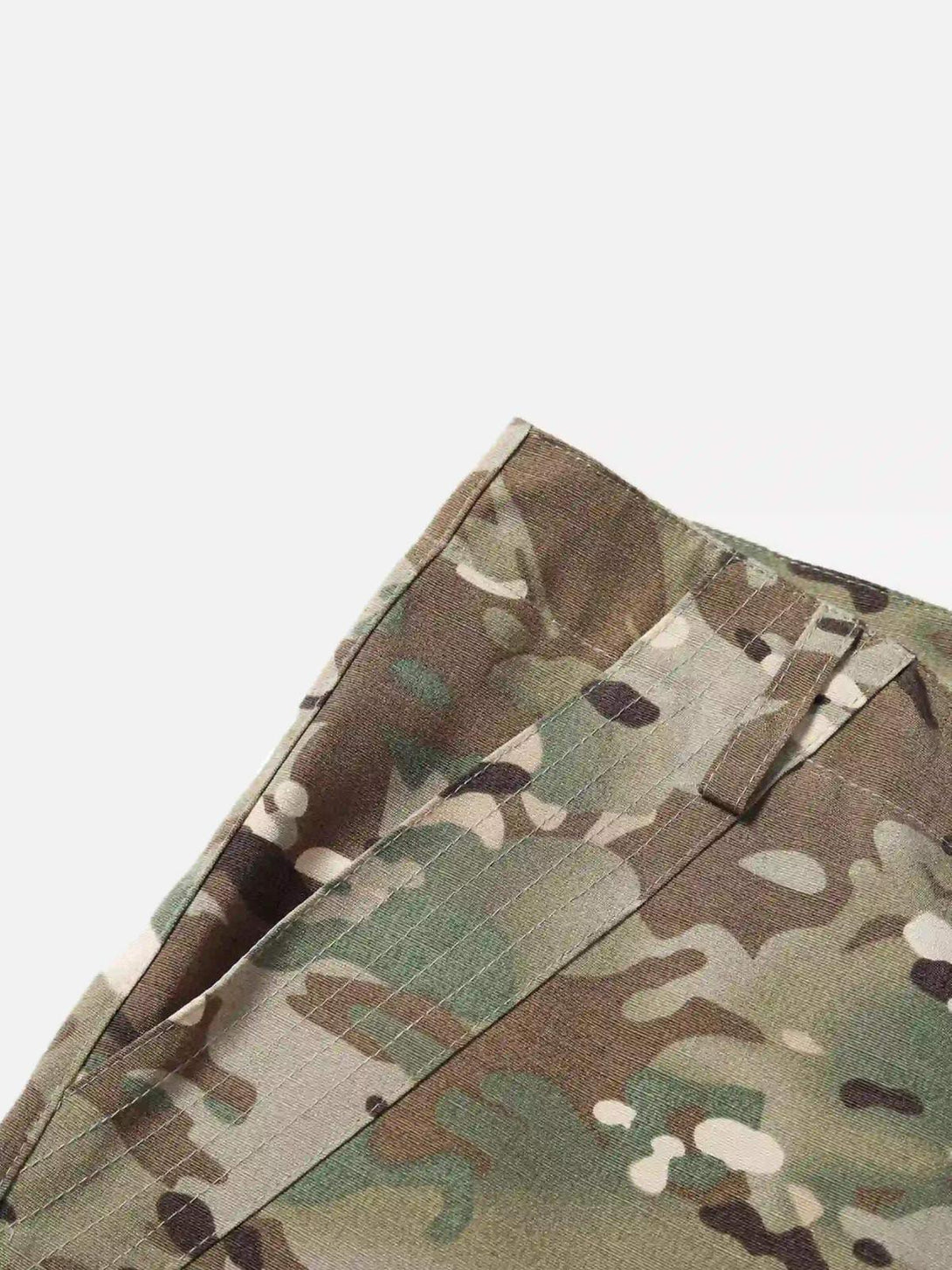 Intricate look at TALISHKO camouflage pants, highlighting durable fabric and street style.