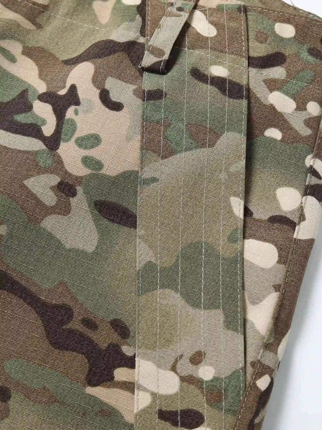 Detailed fabric and stitching on TALISHKO camouflage pants, highlighting rugged workwear style.