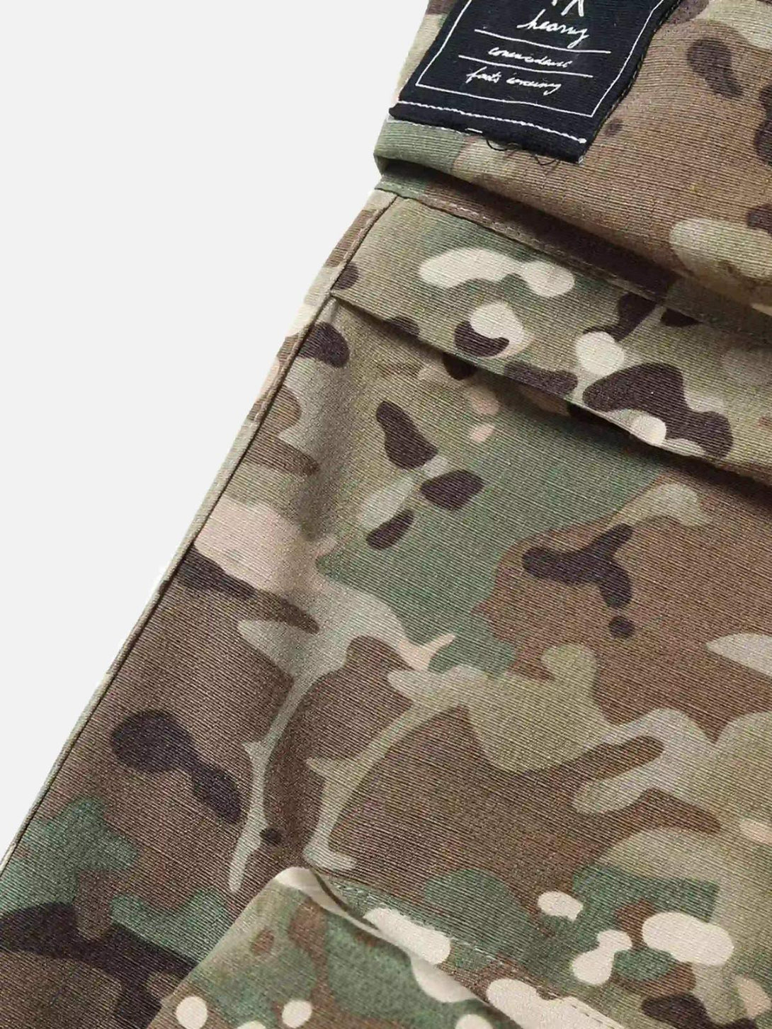 Texture and pattern showcased in TALISHKO camouflage pants, highlighting rugged workwear style.
