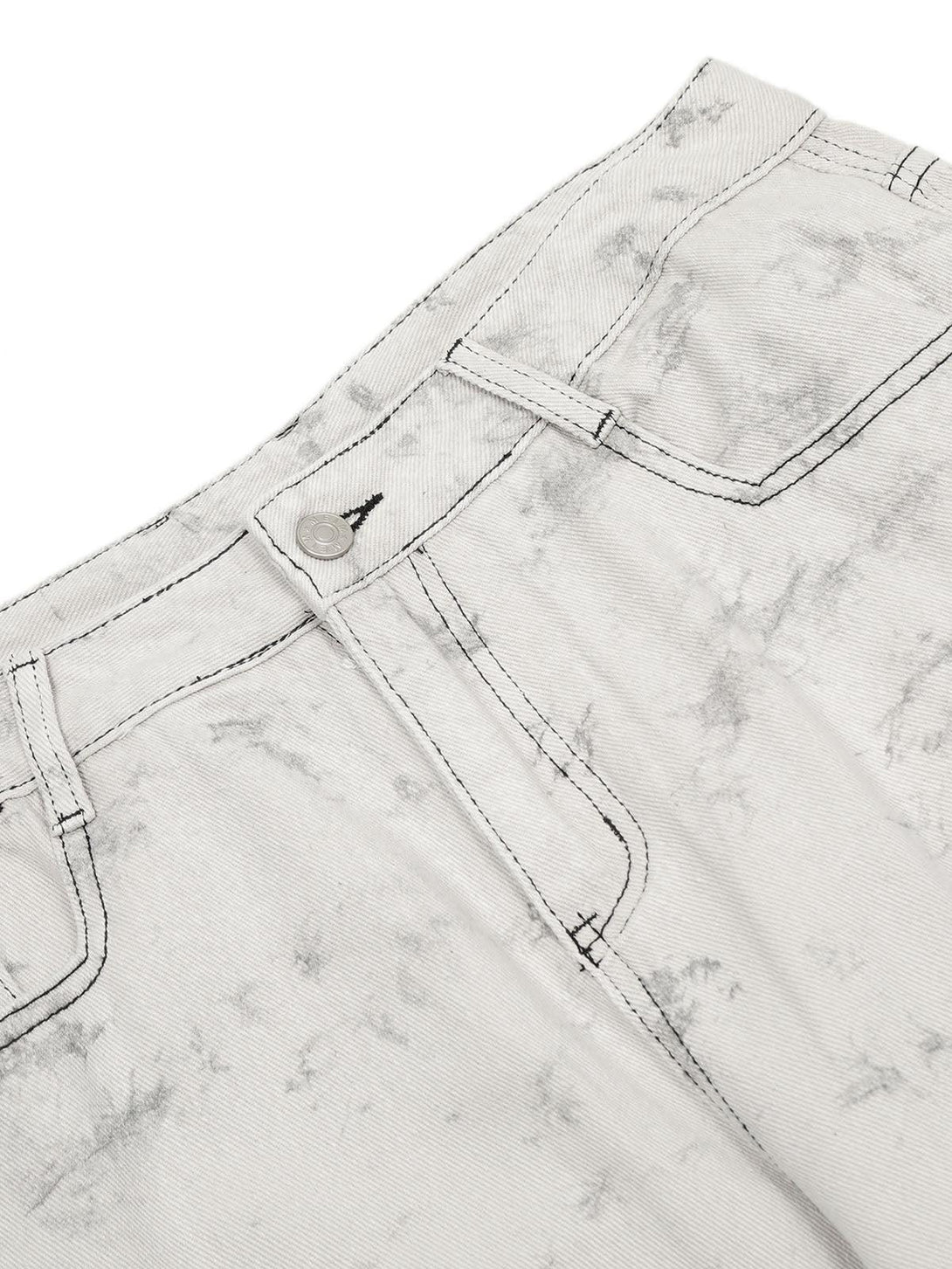 Detailed view of TALISHKO tie-dye workwear pants, focusing on the front pocket design.