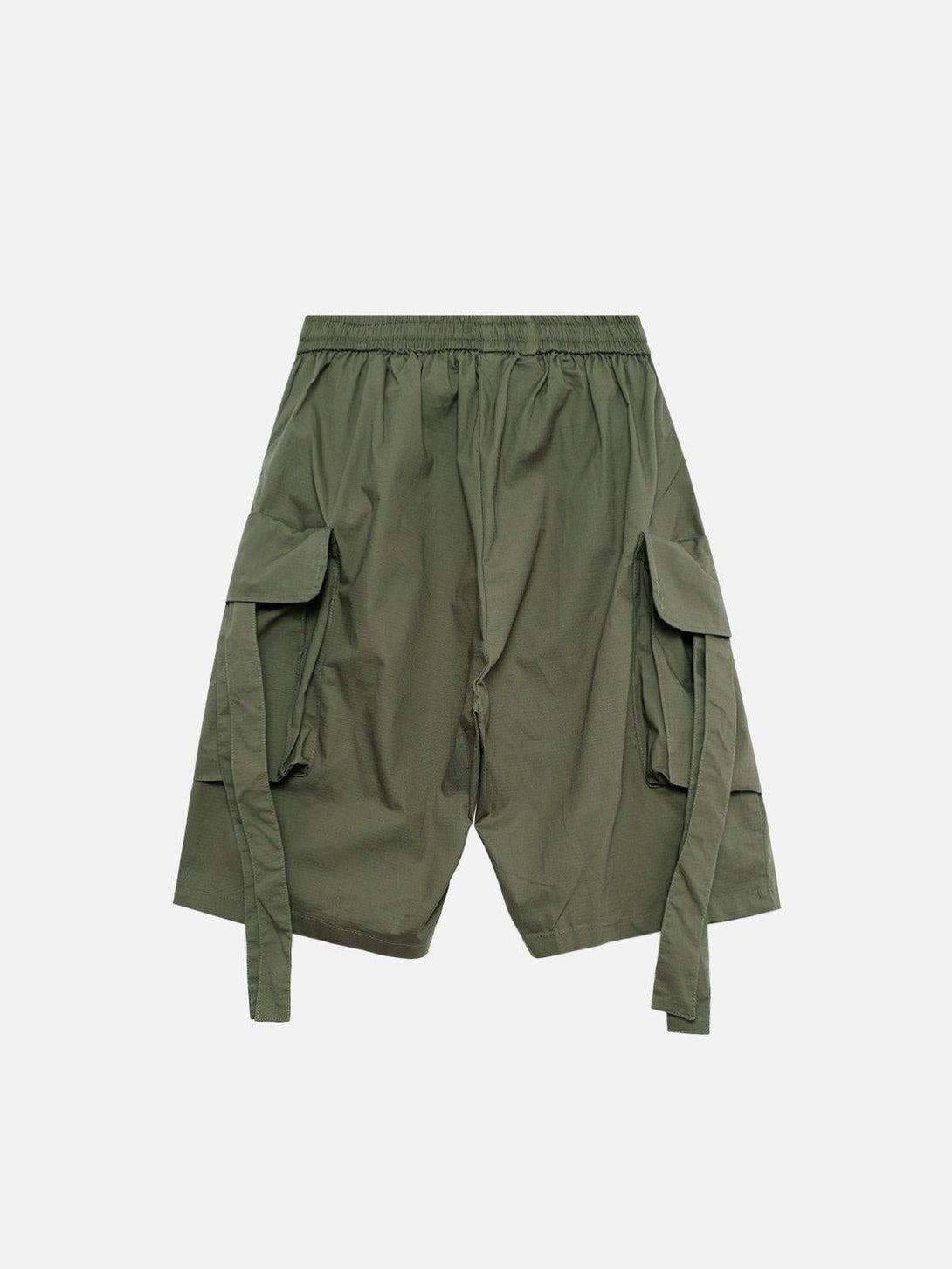 TALISHKO olive shorts featuring woven ribbons and spacious pockets, great for casual summer style.