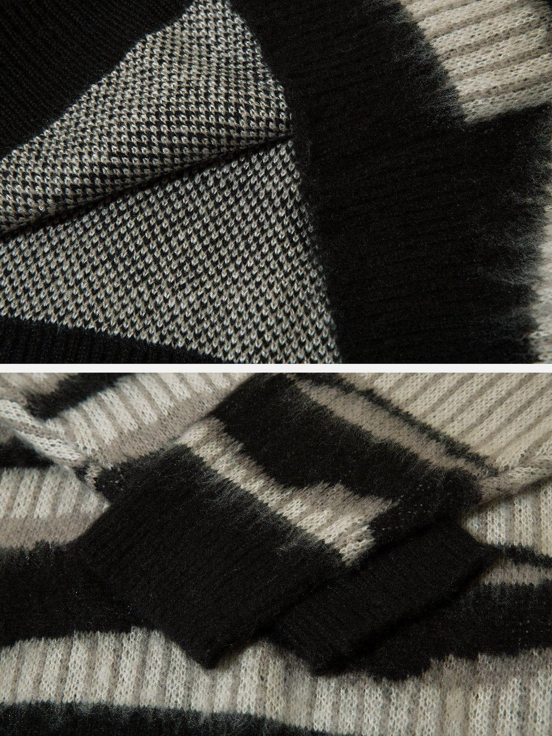 Intricate look at the zebra print mohair sweater texture by TALISHKO, highlighting its unique pattern.