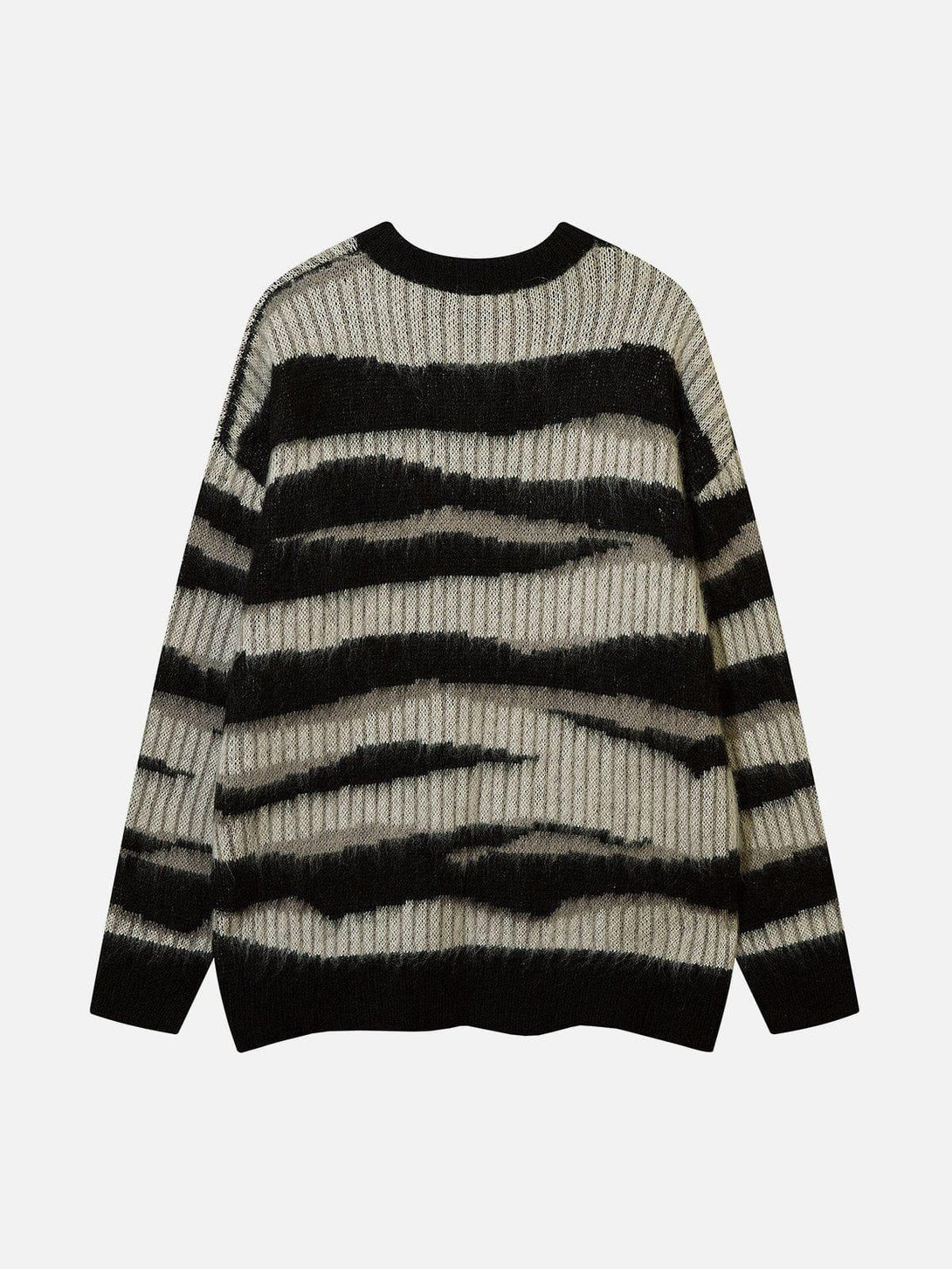 Back view of zebra print mohair sweater by TALISHKO, showcasing bold black and gray stripes.