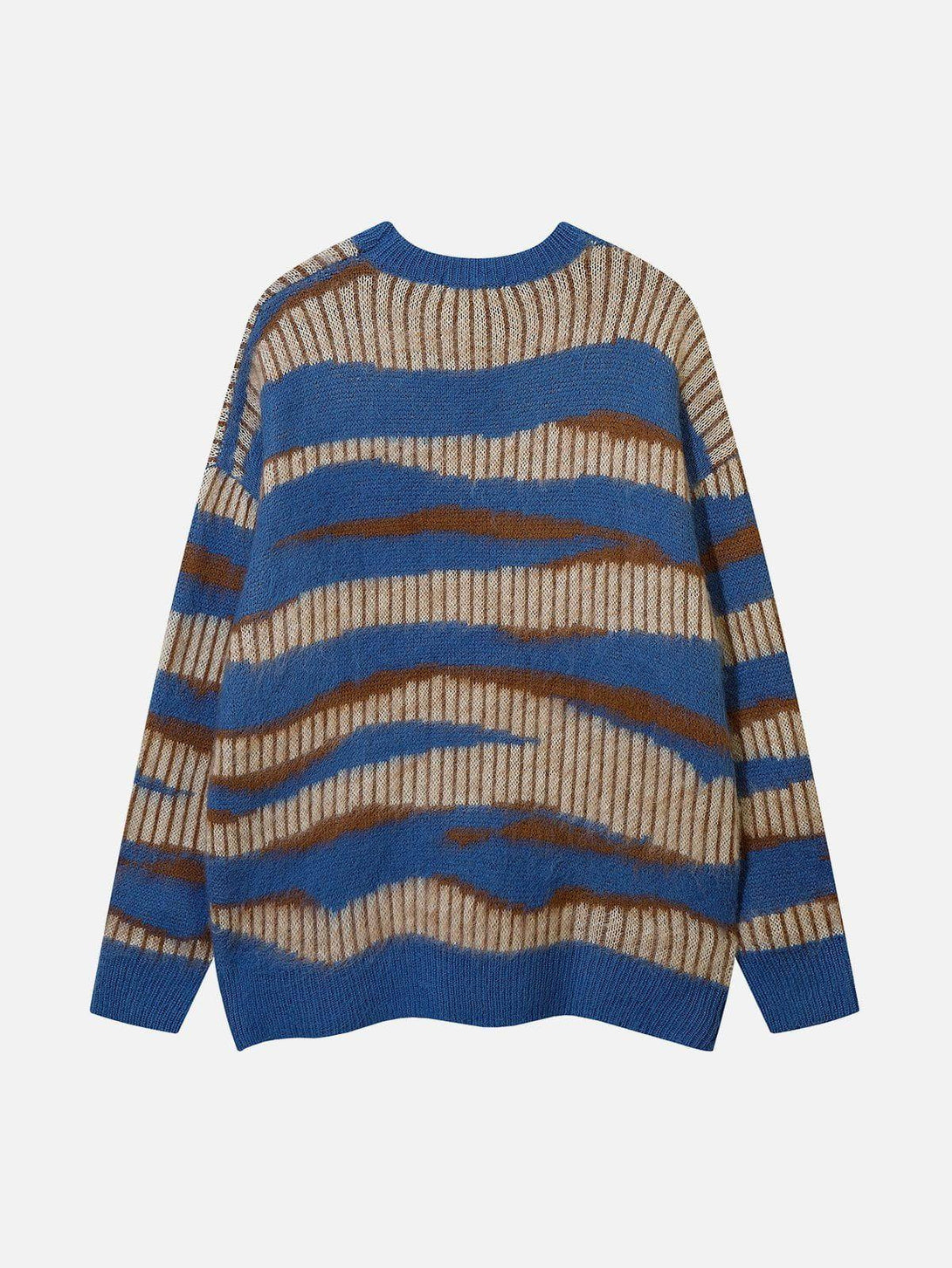 Back view of TALISHKO zebra print mohair sweater in blue and brown tones, featuring artistic stripes.
