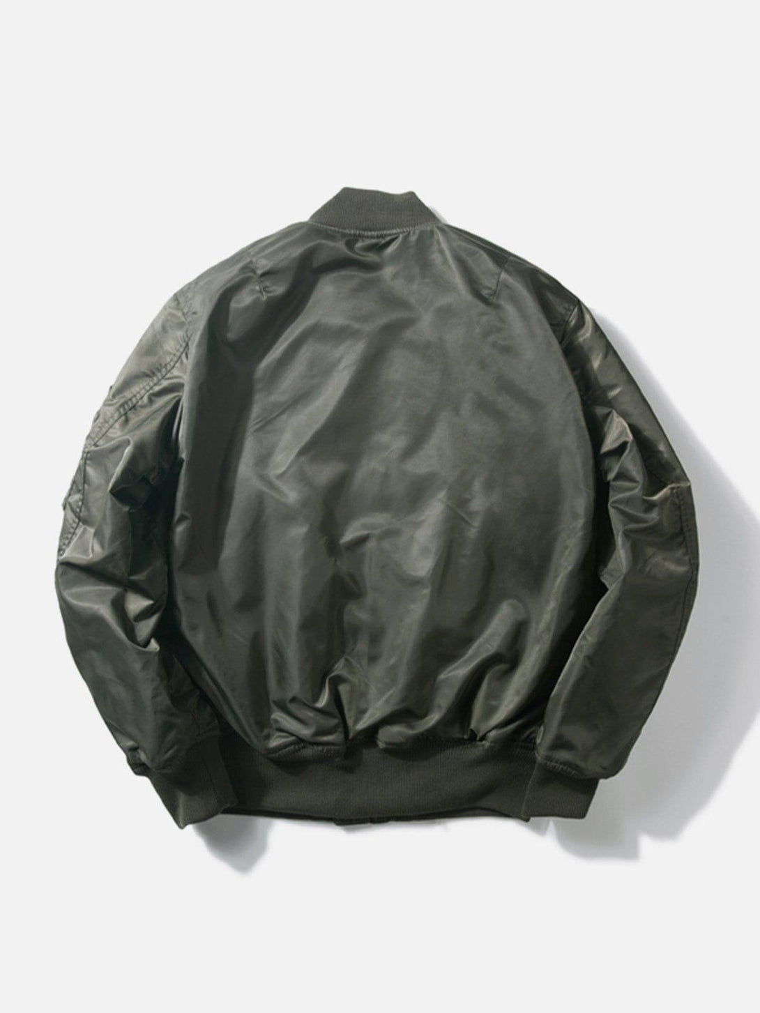 Back view of TALISHKO's solid color bomber jacket, highlighting its sleek, minimalist design.
