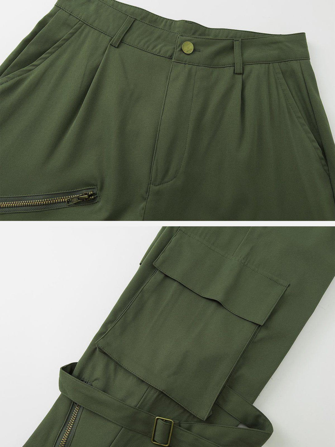 Intricate look at green cargo pants by TALISHKO, highlighting zip details and pocket design.